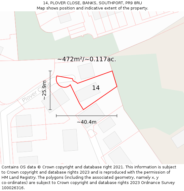 14, PLOVER CLOSE, BANKS, SOUTHPORT, PR9 8RU: Plot and title map