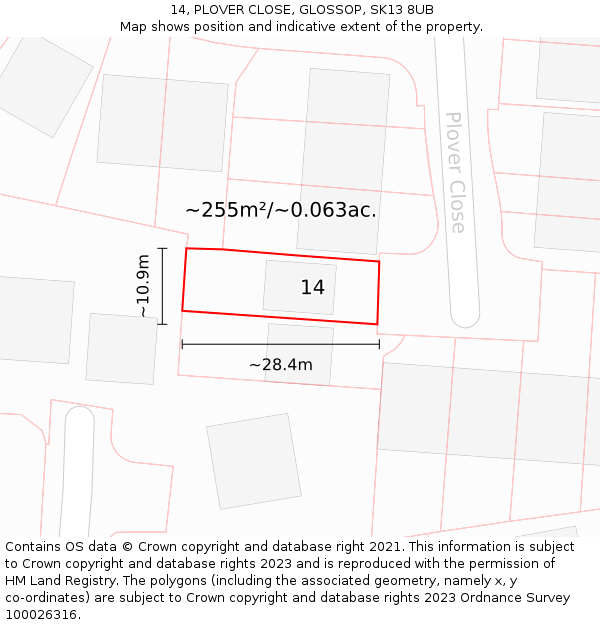 14, PLOVER CLOSE, GLOSSOP, SK13 8UB: Plot and title map