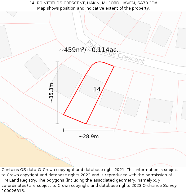 14, POINTFIELDS CRESCENT, HAKIN, MILFORD HAVEN, SA73 3DA: Plot and title map