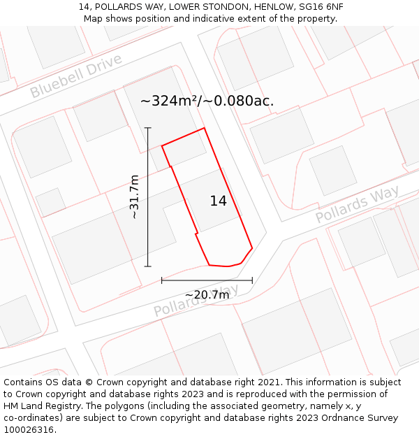 14, POLLARDS WAY, LOWER STONDON, HENLOW, SG16 6NF: Plot and title map