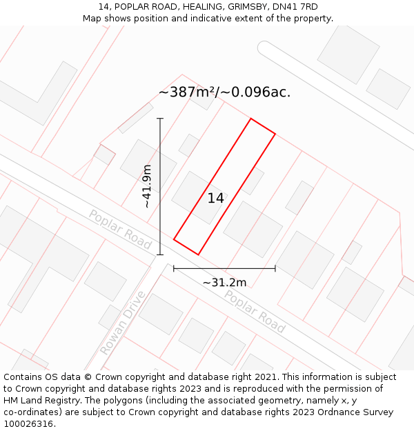 14, POPLAR ROAD, HEALING, GRIMSBY, DN41 7RD: Plot and title map