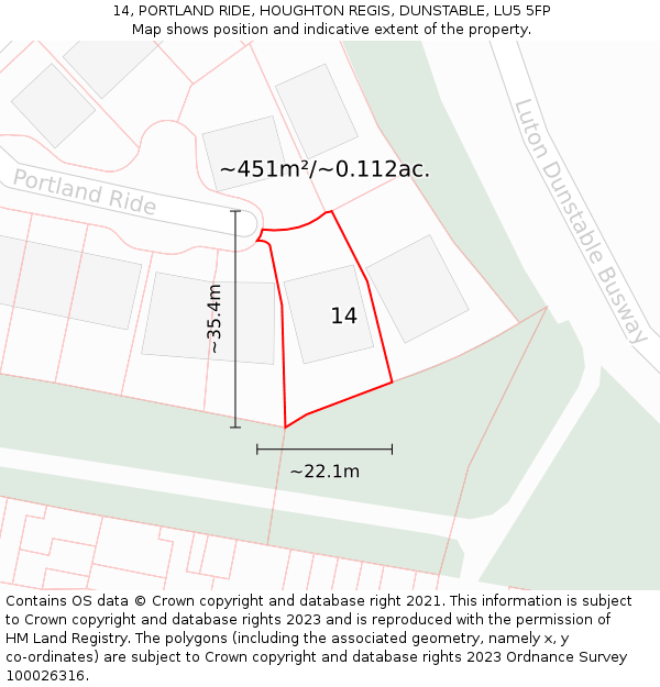 14, PORTLAND RIDE, HOUGHTON REGIS, DUNSTABLE, LU5 5FP: Plot and title map