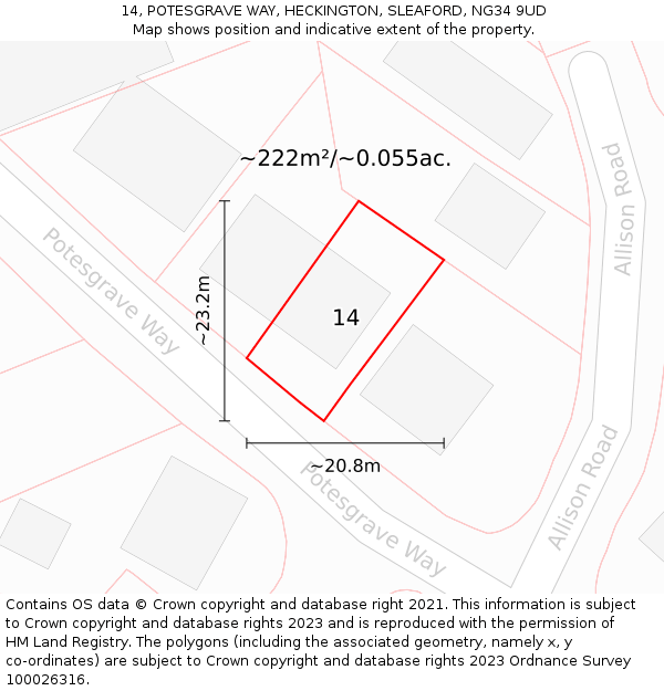 14, POTESGRAVE WAY, HECKINGTON, SLEAFORD, NG34 9UD: Plot and title map