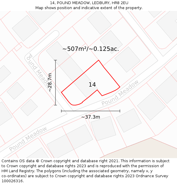 14, POUND MEADOW, LEDBURY, HR8 2EU: Plot and title map