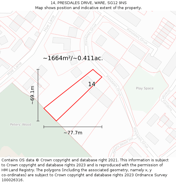 14, PRESDALES DRIVE, WARE, SG12 9NS: Plot and title map