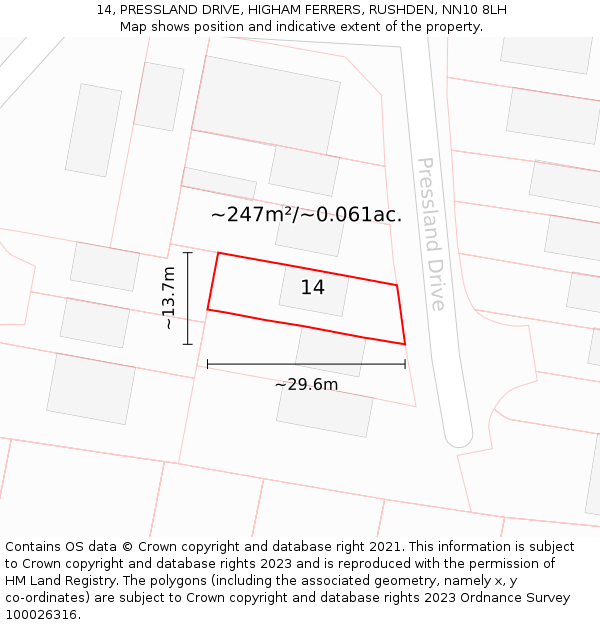 14, PRESSLAND DRIVE, HIGHAM FERRERS, RUSHDEN, NN10 8LH: Plot and title map