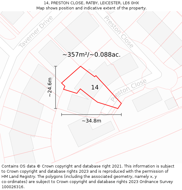 14, PRESTON CLOSE, RATBY, LEICESTER, LE6 0HX: Plot and title map