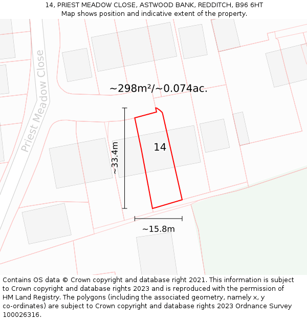 14, PRIEST MEADOW CLOSE, ASTWOOD BANK, REDDITCH, B96 6HT: Plot and title map