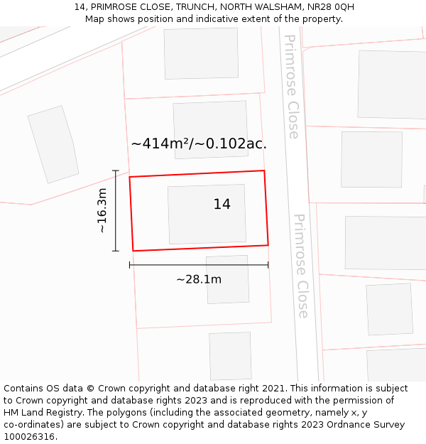 14, PRIMROSE CLOSE, TRUNCH, NORTH WALSHAM, NR28 0QH: Plot and title map