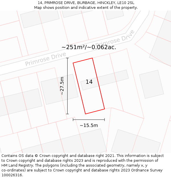 14, PRIMROSE DRIVE, BURBAGE, HINCKLEY, LE10 2SL: Plot and title map