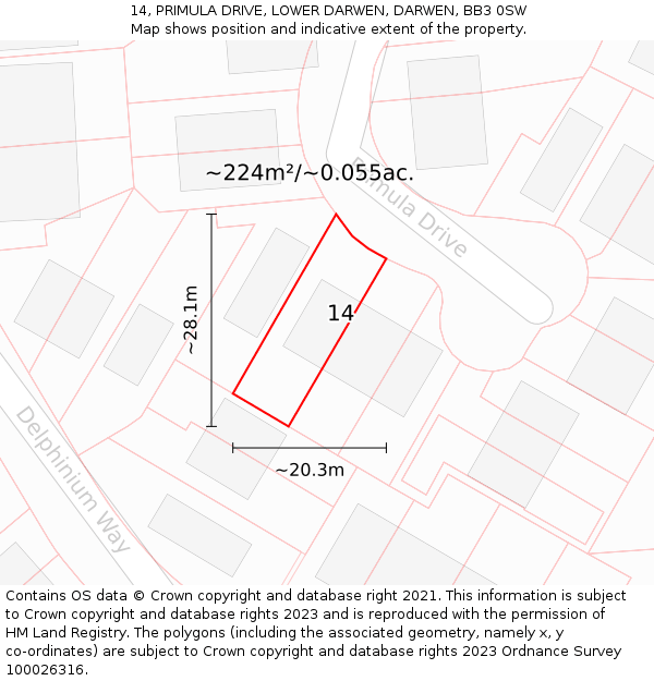 14, PRIMULA DRIVE, LOWER DARWEN, DARWEN, BB3 0SW: Plot and title map