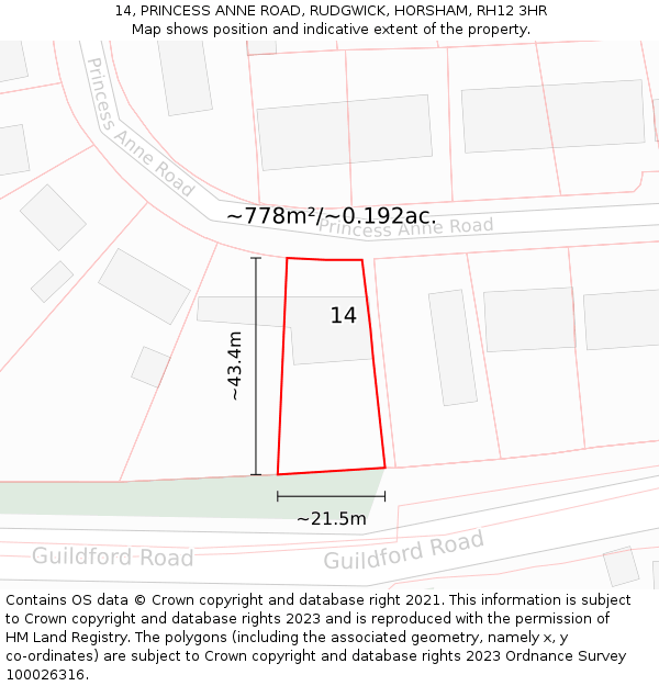 14, PRINCESS ANNE ROAD, RUDGWICK, HORSHAM, RH12 3HR: Plot and title map