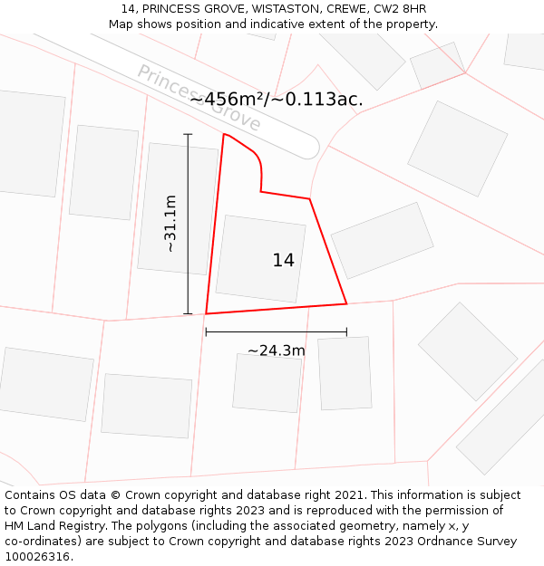 14, PRINCESS GROVE, WISTASTON, CREWE, CW2 8HR: Plot and title map