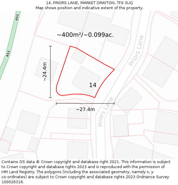 14, PRIORS LANE, MARKET DRAYTON, TF9 3UQ: Plot and title map