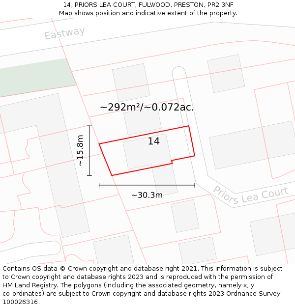 14, PRIORS LEA COURT, FULWOOD, PRESTON, PR2 3NF: Plot and title map