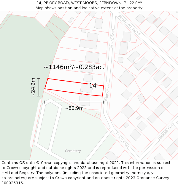 14, PRIORY ROAD, WEST MOORS, FERNDOWN, BH22 0AY: Plot and title map
