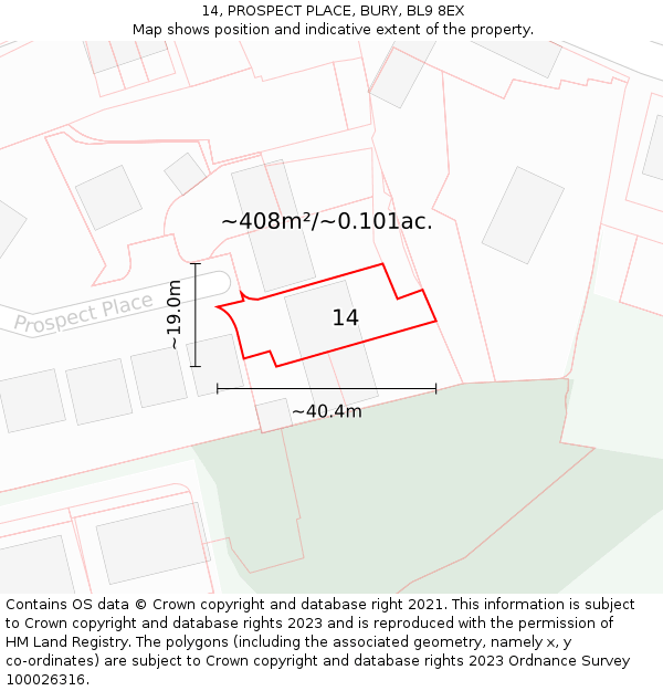 14, PROSPECT PLACE, BURY, BL9 8EX: Plot and title map