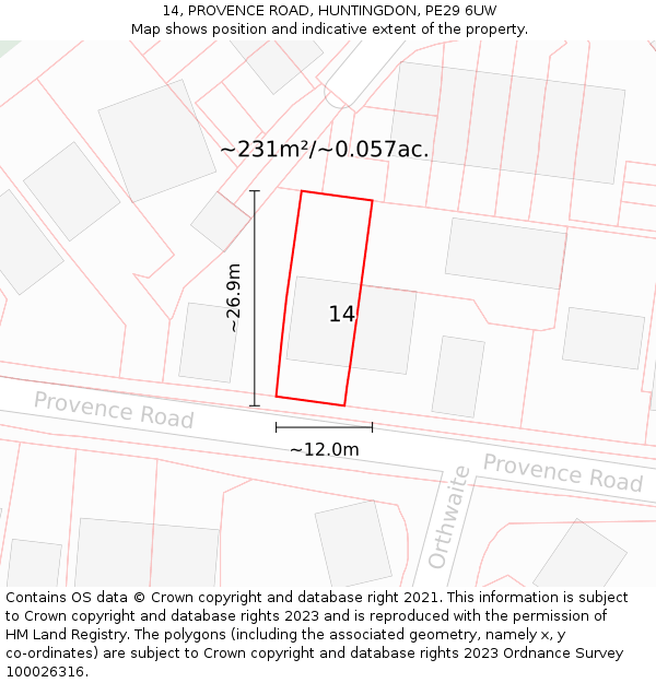 14, PROVENCE ROAD, HUNTINGDON, PE29 6UW: Plot and title map