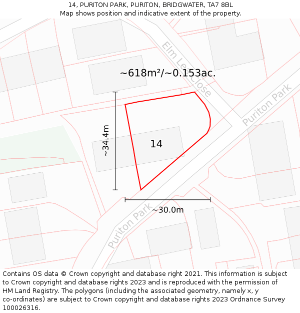 14, PURITON PARK, PURITON, BRIDGWATER, TA7 8BL: Plot and title map