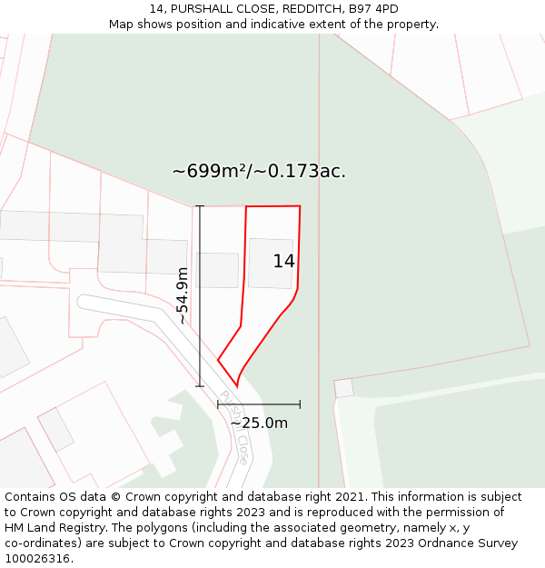 14, PURSHALL CLOSE, REDDITCH, B97 4PD: Plot and title map