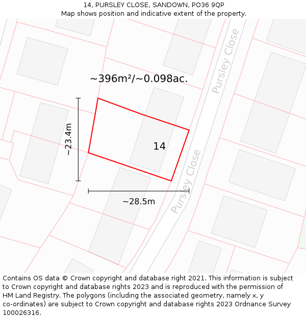 14, PURSLEY CLOSE, SANDOWN, PO36 9QP: Plot and title map