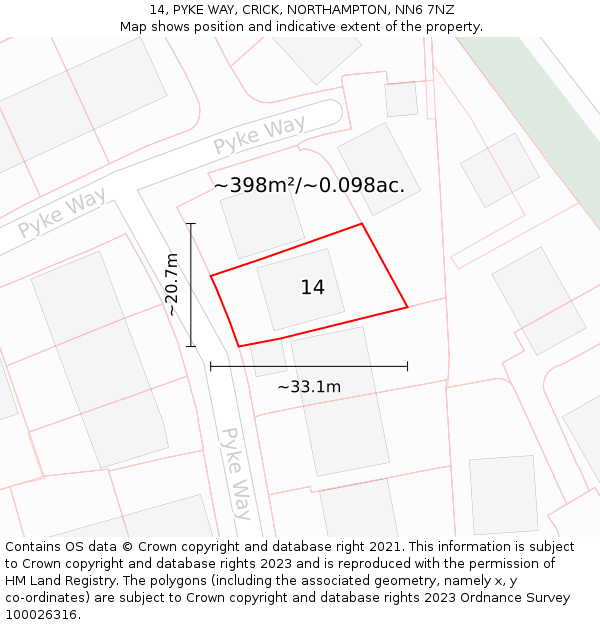 14, PYKE WAY, CRICK, NORTHAMPTON, NN6 7NZ: Plot and title map