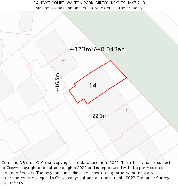 14, PYXE COURT, WALTON PARK, MILTON KEYNES, MK7 7HR: Plot and title map