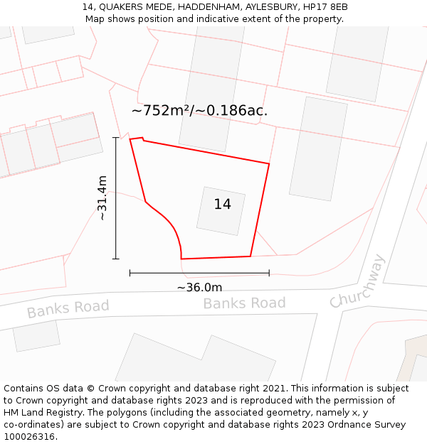 14, QUAKERS MEDE, HADDENHAM, AYLESBURY, HP17 8EB: Plot and title map