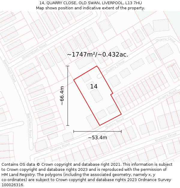 14, QUARRY CLOSE, OLD SWAN, LIVERPOOL, L13 7HU: Plot and title map