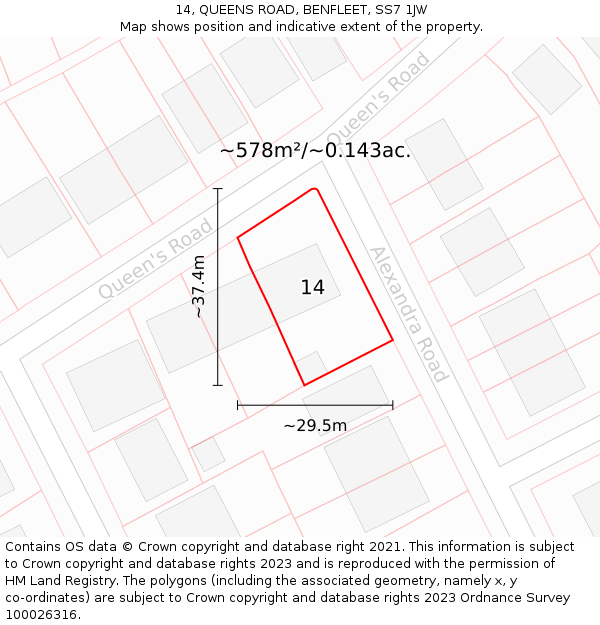 14, QUEENS ROAD, BENFLEET, SS7 1JW: Plot and title map