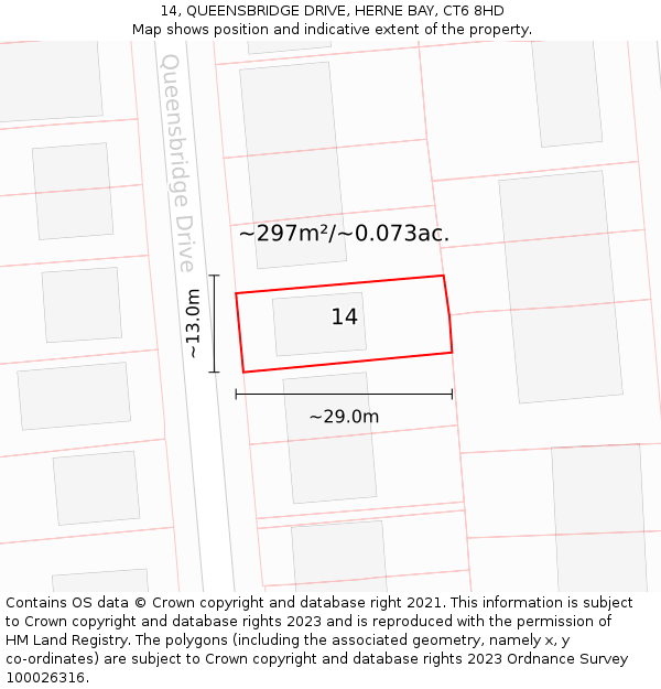 14, QUEENSBRIDGE DRIVE, HERNE BAY, CT6 8HD: Plot and title map