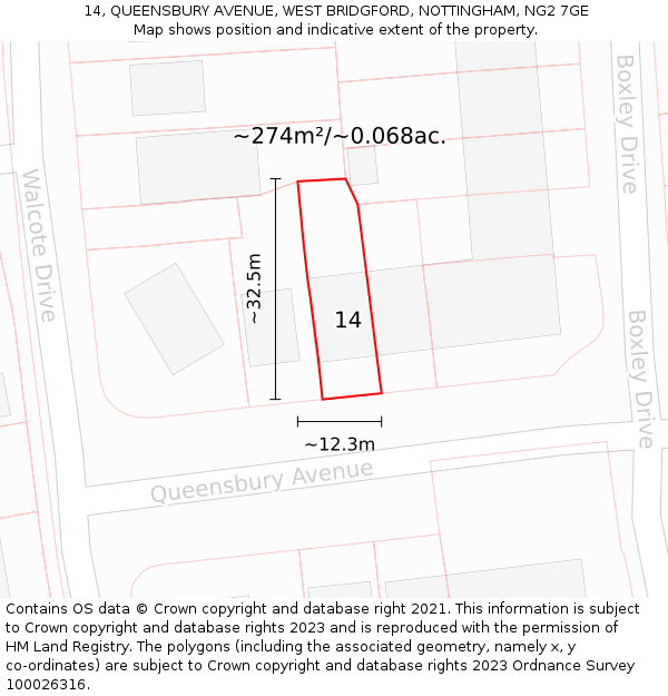 14, QUEENSBURY AVENUE, WEST BRIDGFORD, NOTTINGHAM, NG2 7GE: Plot and title map