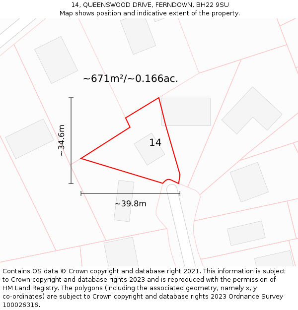 14, QUEENSWOOD DRIVE, FERNDOWN, BH22 9SU: Plot and title map