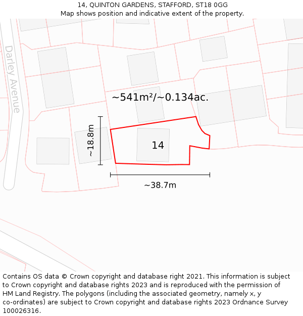 14, QUINTON GARDENS, STAFFORD, ST18 0GG: Plot and title map