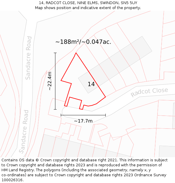 14, RADCOT CLOSE, NINE ELMS, SWINDON, SN5 5UY: Plot and title map