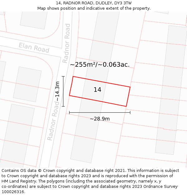 14, RADNOR ROAD, DUDLEY, DY3 3TW: Plot and title map