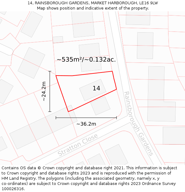 14, RAINSBOROUGH GARDENS, MARKET HARBOROUGH, LE16 9LW: Plot and title map