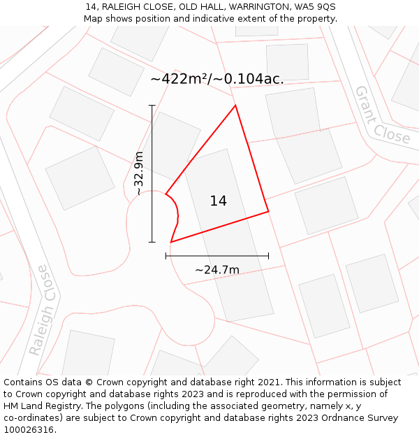 14, RALEIGH CLOSE, OLD HALL, WARRINGTON, WA5 9QS: Plot and title map