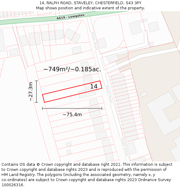 14, RALPH ROAD, STAVELEY, CHESTERFIELD, S43 3PY: Plot and title map