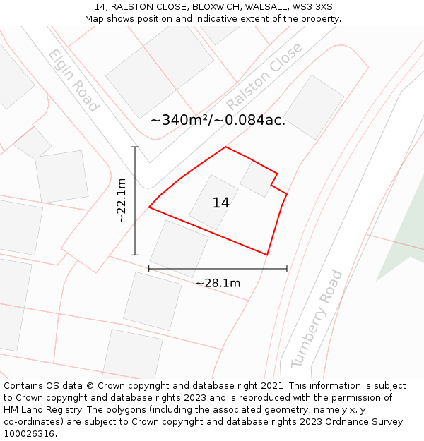 14, RALSTON CLOSE, BLOXWICH, WALSALL, WS3 3XS: Plot and title map