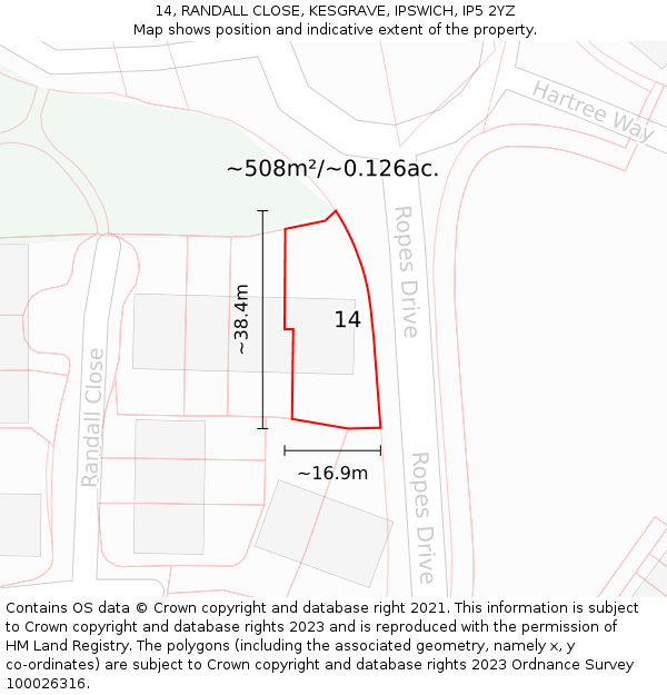 14, RANDALL CLOSE, KESGRAVE, IPSWICH, IP5 2YZ: Plot and title map