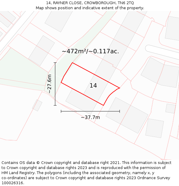 14, RAYNER CLOSE, CROWBOROUGH, TN6 2TQ: Plot and title map