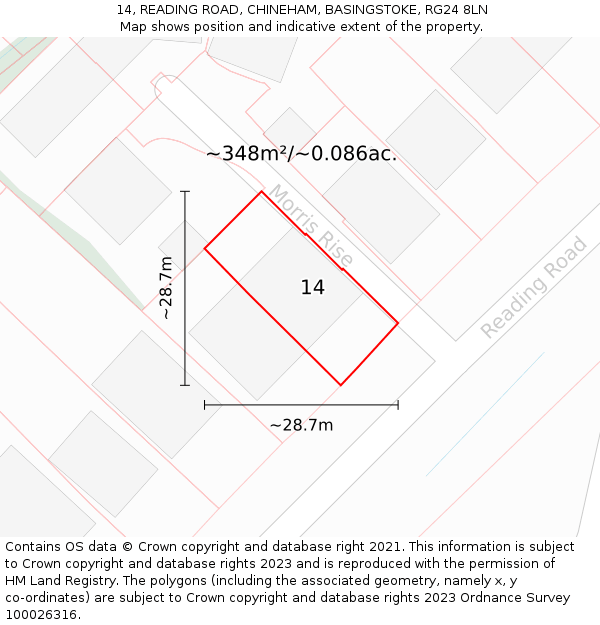 14, READING ROAD, CHINEHAM, BASINGSTOKE, RG24 8LN: Plot and title map