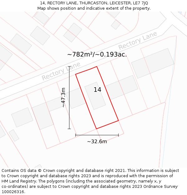 14, RECTORY LANE, THURCASTON, LEICESTER, LE7 7JQ: Plot and title map