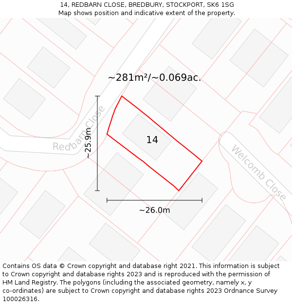 14, REDBARN CLOSE, BREDBURY, STOCKPORT, SK6 1SG: Plot and title map
