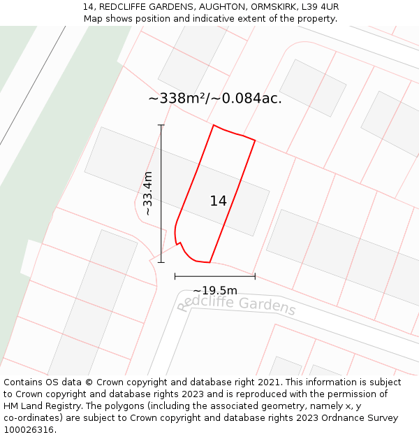 14, REDCLIFFE GARDENS, AUGHTON, ORMSKIRK, L39 4UR: Plot and title map