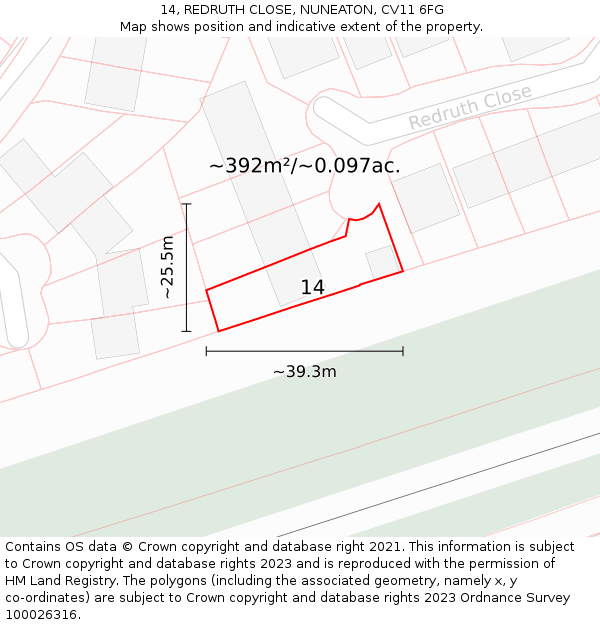 14, REDRUTH CLOSE, NUNEATON, CV11 6FG: Plot and title map