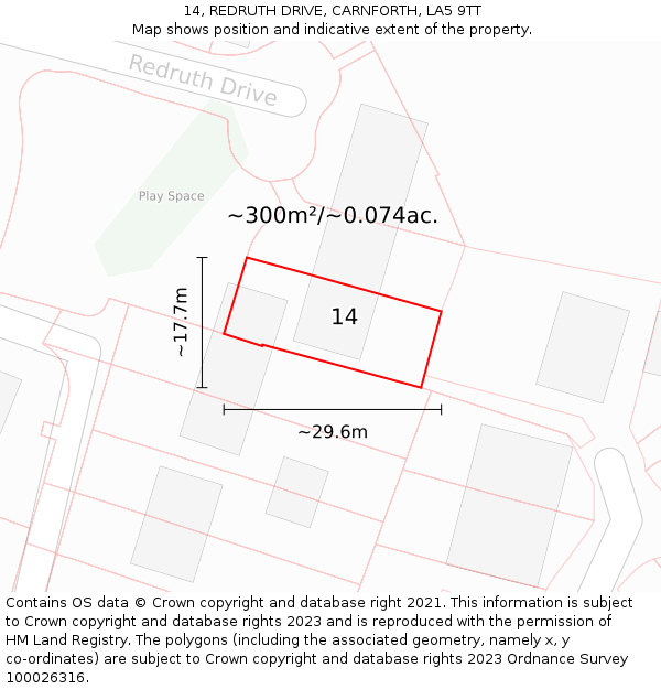 14, REDRUTH DRIVE, CARNFORTH, LA5 9TT: Plot and title map