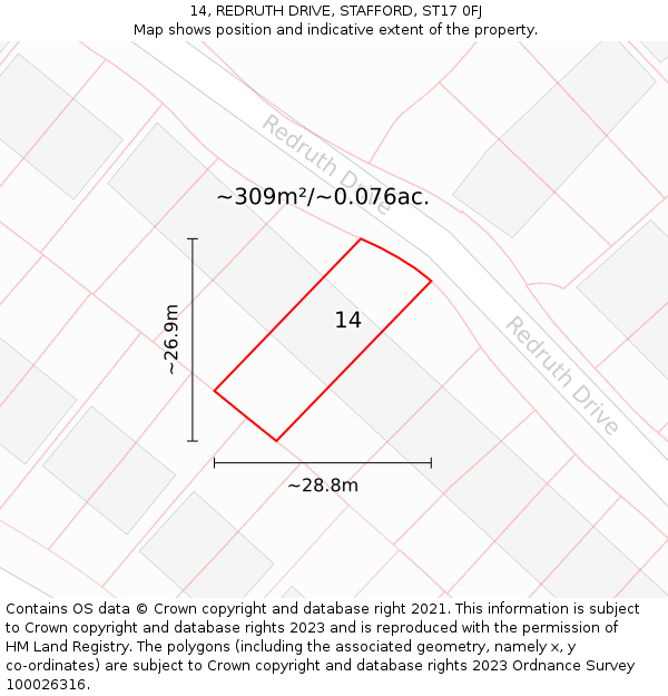 14, REDRUTH DRIVE, STAFFORD, ST17 0FJ: Plot and title map