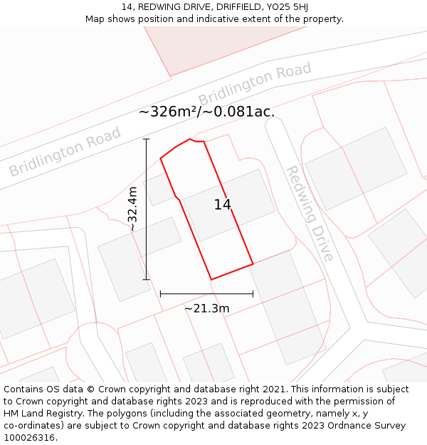 14, REDWING DRIVE, DRIFFIELD, YO25 5HJ: Plot and title map